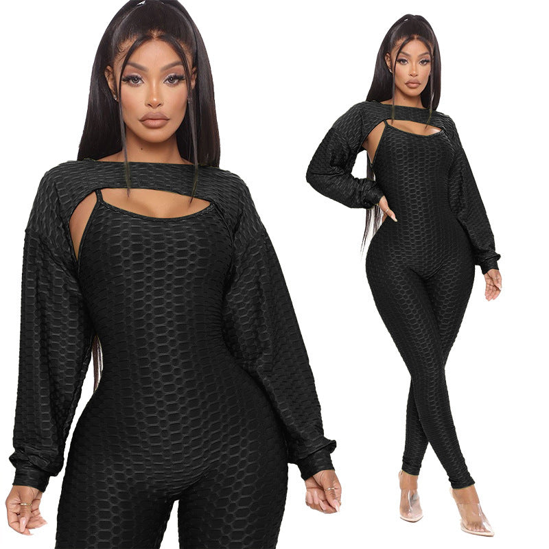 Jacquard Short Lantern Sleeve Top And Bottoming Suspenders Sports Suit