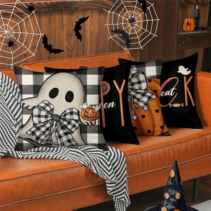 Halloween Decorations Pillow Covers 18x18 Set Of 4 Spooky Pumpkin Throw Pillow Covers Indoor Outdoor Buffalo Plaid Fall Decorative Pillow Covers Trick Or Treat Cushion Cases For Sofa Couch