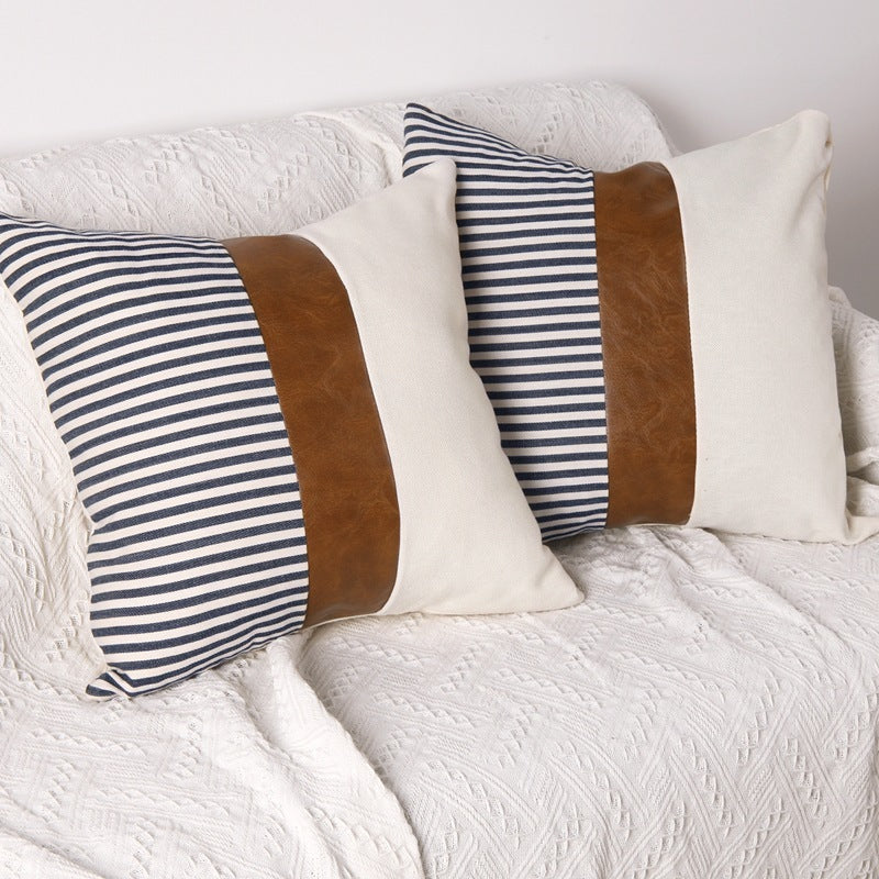 PU Leather Stitching Canvas Stripe Pillowcase Sofa Car Cushion