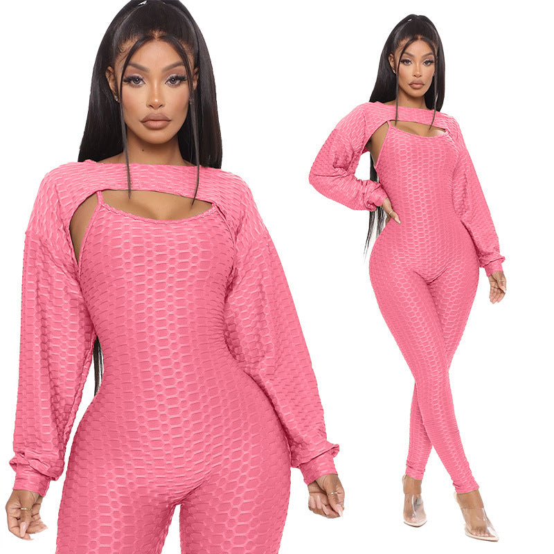 Jacquard Short Lantern Sleeve Top And Bottoming Suspenders Sports Suit