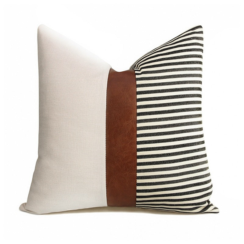 PU Leather Stitching Canvas Stripe Pillowcase Sofa Car Cushion
