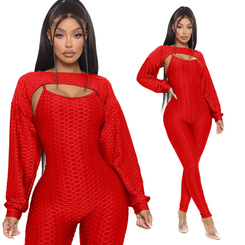 Jacquard Short Lantern Sleeve Top And Bottoming Suspenders Sports Suit