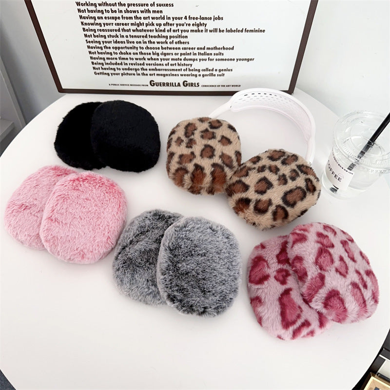 Plush Solid Color Leopard Print Head-mounted Headphone Case