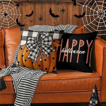 Halloween Decorations Pillow Covers 18x18 Set Of 4 Spooky Pumpkin Throw Pillow Covers Indoor Outdoor Buffalo Plaid Fall Decorative Pillow Covers Trick Or Treat Cushion Cases For Sofa Couch
