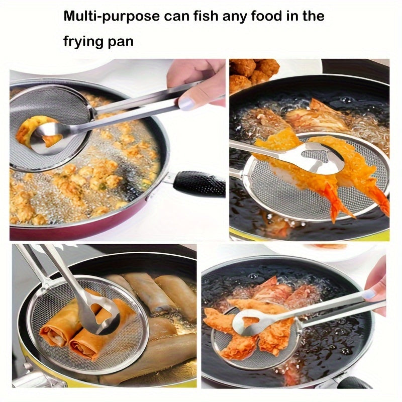 Stainless Steel Kitchen Strainer Spoon & Tongs - High-Temperature Resistant, Perfect for Frying Foods