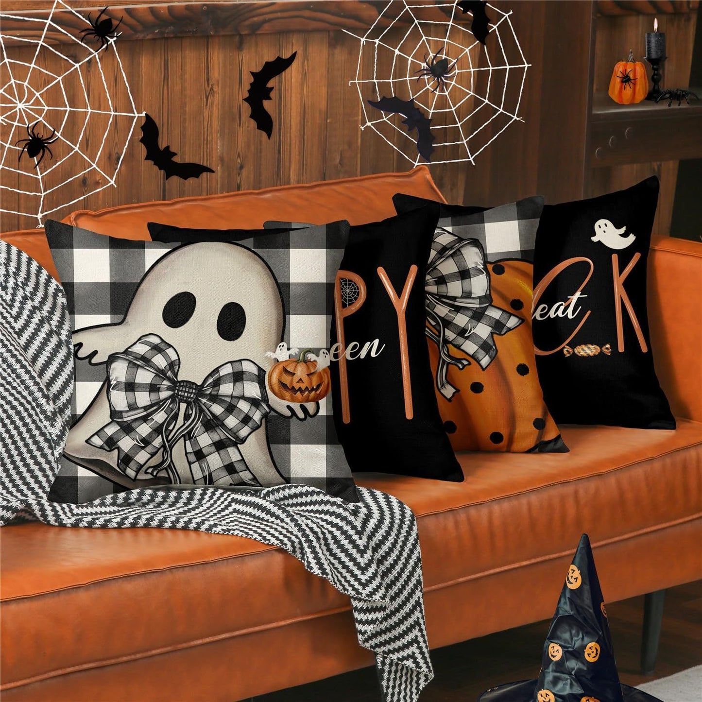 Halloween Decorations Pillow Covers 18x18 Set Of 4 Spooky Pumpkin Throw Pillow Covers Indoor Outdoor Buffalo Plaid Fall Decorative Pillow Covers Trick Or Treat Cushion Cases For Sofa Couch
