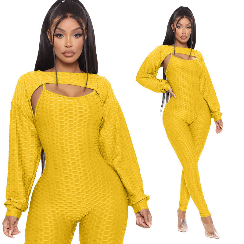 Jacquard Short Lantern Sleeve Top And Bottoming Suspenders Sports Suit