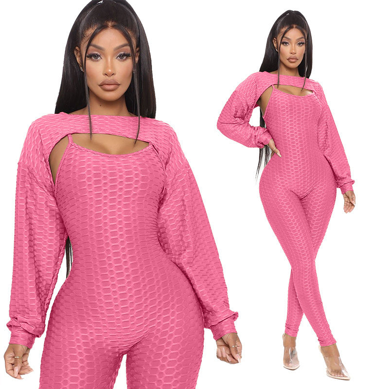 Jacquard Short Lantern Sleeve Top And Bottoming Suspenders Sports Suit