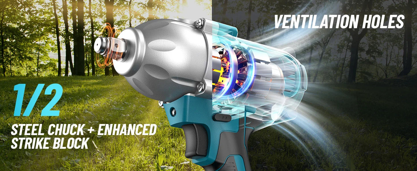 Seesii WH710 Cordless Electric Impact Wrench 1/2" for Car 665Ft-lbs(900N.m) Brushless 3300RPM High Torque Gun 2x 4.0Ah Battery