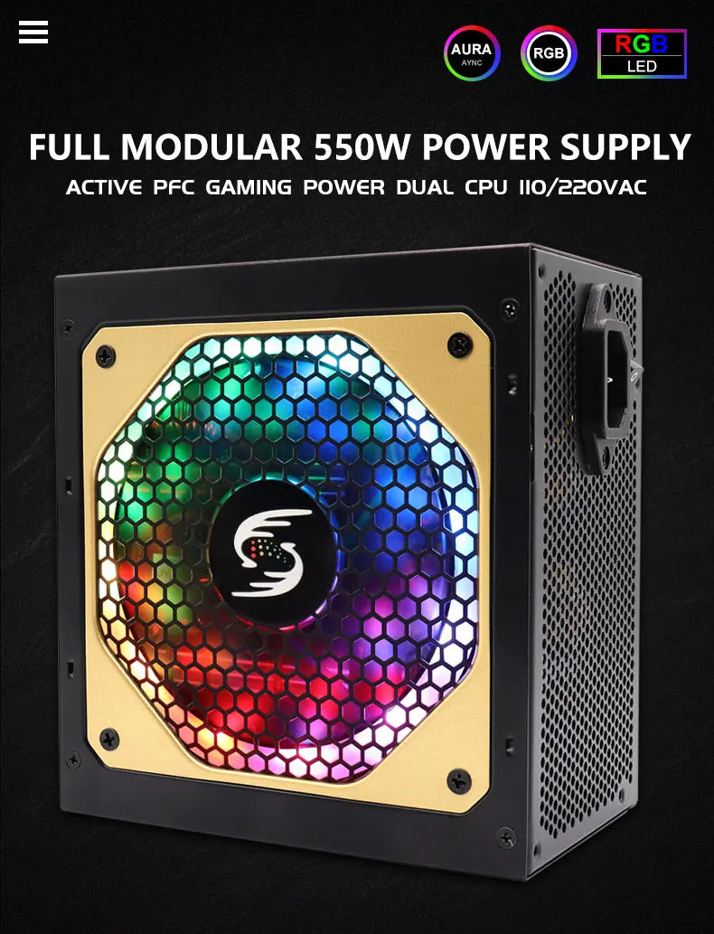 550W Power Supply Fully Modular PSU ARGB Gaming PC Power Supply 20+4Pin Connector with 120mm Low-Noise FDB Fan