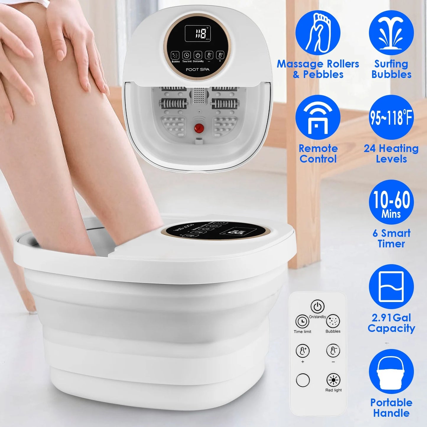 Collapsible Foot Spa Massager Electric Foldable Foot Soaker Tub with Remote Control 24 Heating Levels 6 Massage Rollers Surfing