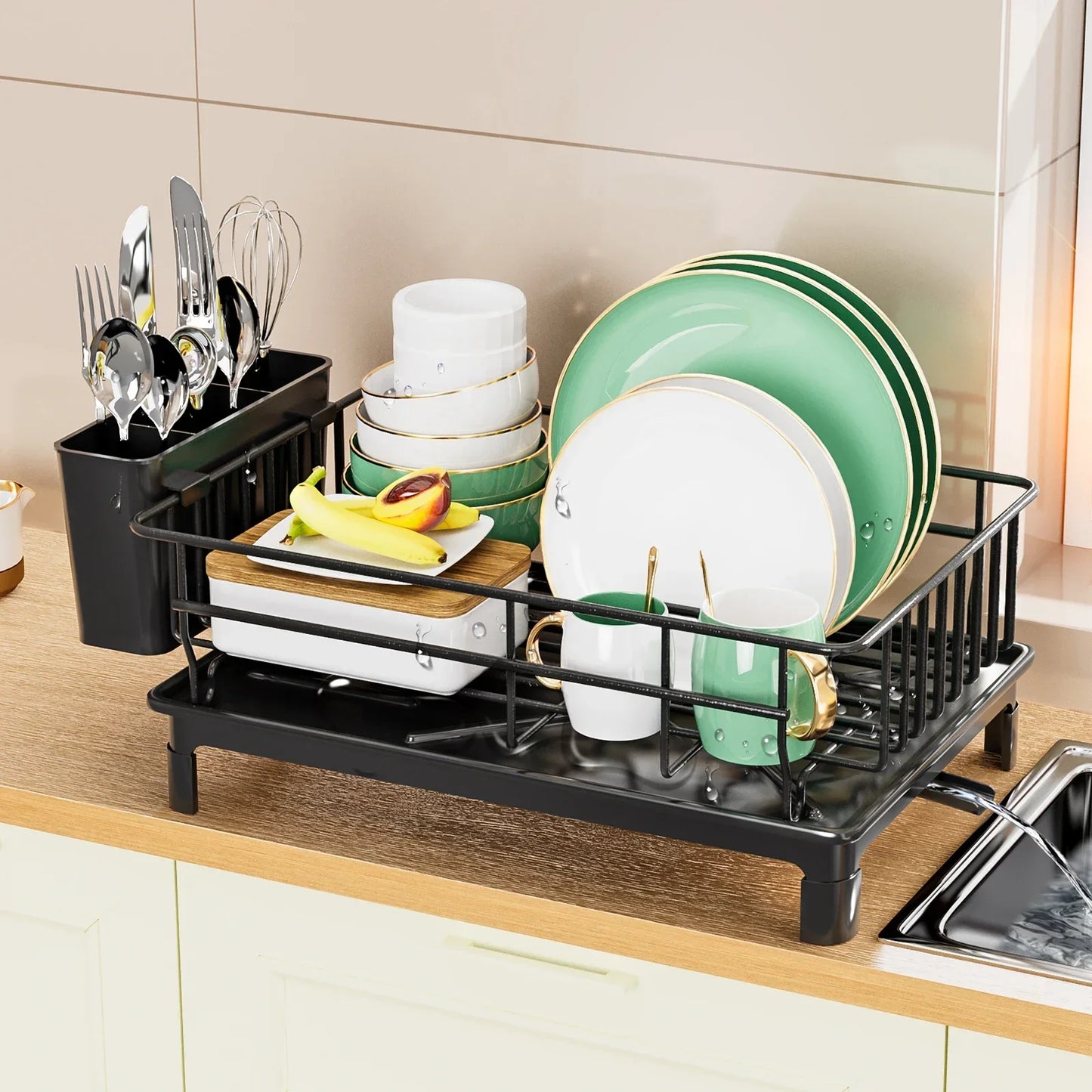 dish draining rack,Cutlery rack with drain tray and drip line,cup holder,cutlery holder,Kitchen countertop storage rack Strainer