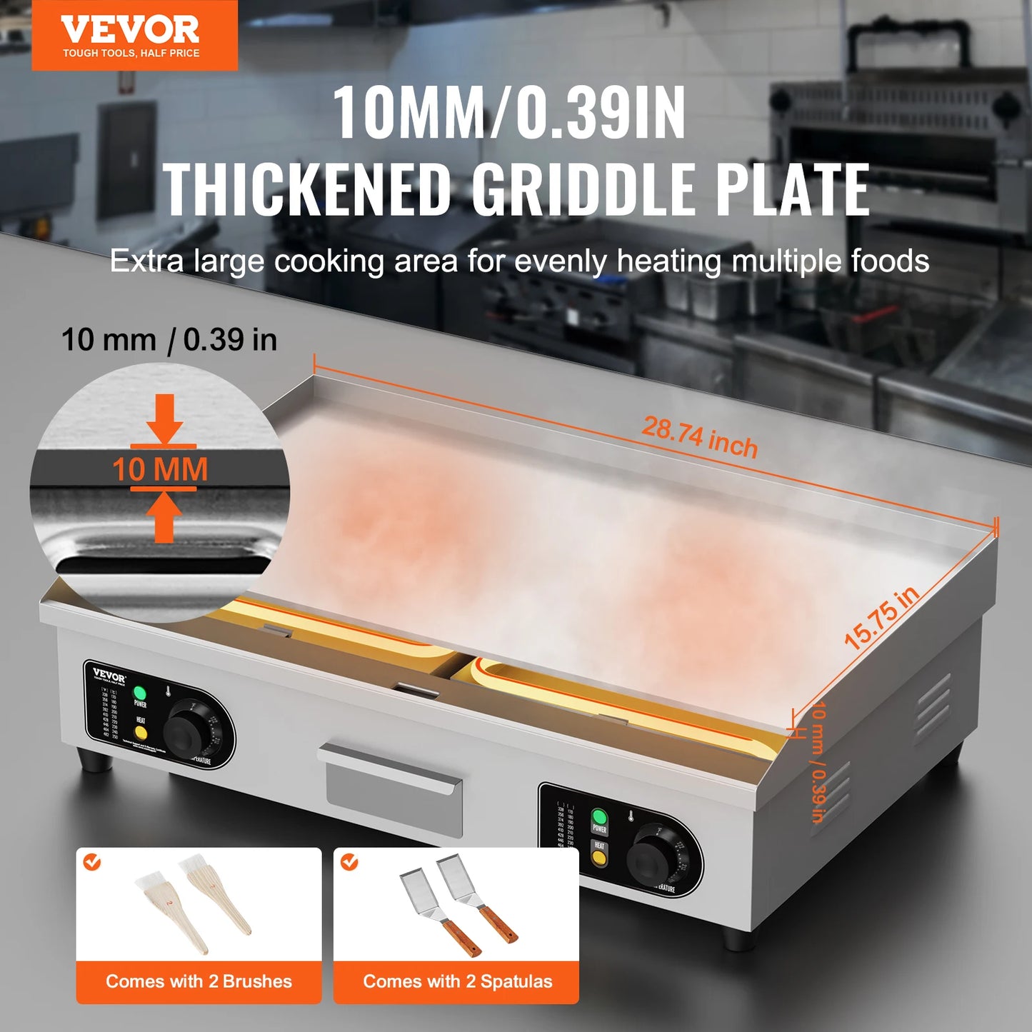 VEVOR 26/30 inch Commercial Electric Countertop Griddle Flat Top Griddle 2800W 122β-572 β Adjustable Temp for Home Restaurant