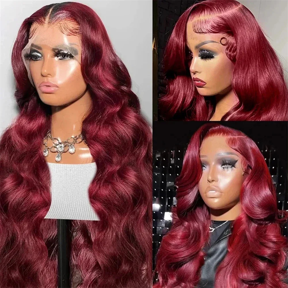 99j/Burgundy Body Wave Transparent Lace Frontal Human Hair Wigs 13x6 Lace Frontal 180% Density Wigs For Women With Baby Hair