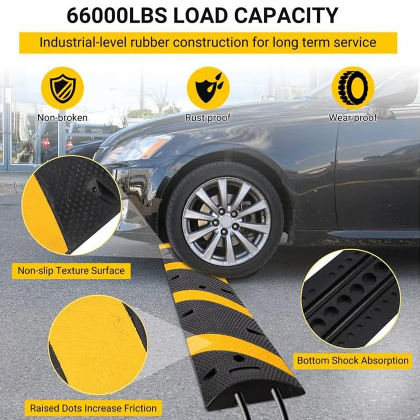 6FT*2 Speed Humps With 8 Bolt, Rubber Speed Bump, Speed Bumps For Road, For Parking Lot, School, Warehouse, Rated 66000 Lbs