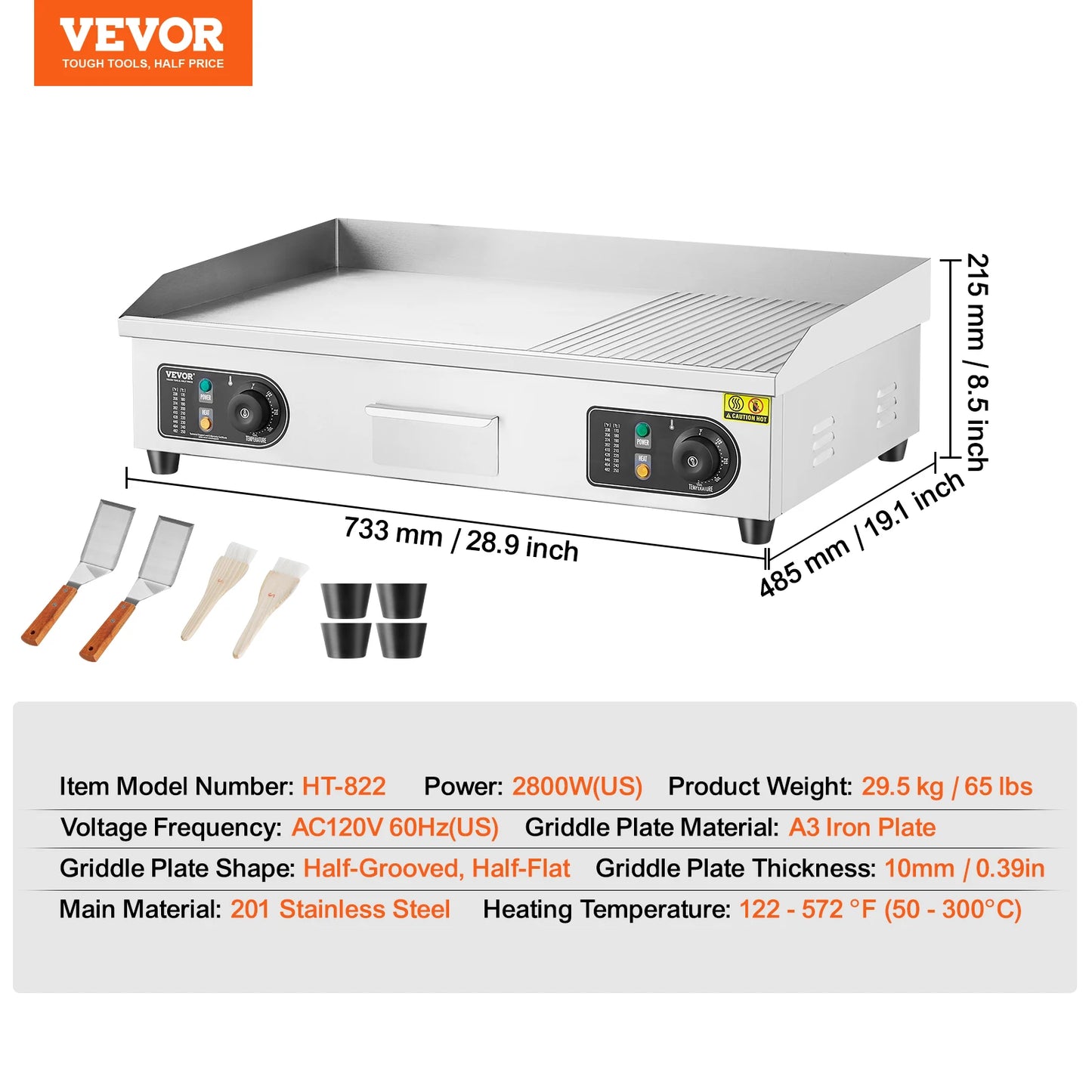 VEVOR 26/30 inch Commercial Electric Countertop Griddle Flat Top Griddle 2800W 122β-572 β Adjustable Temp for Home Restaurant