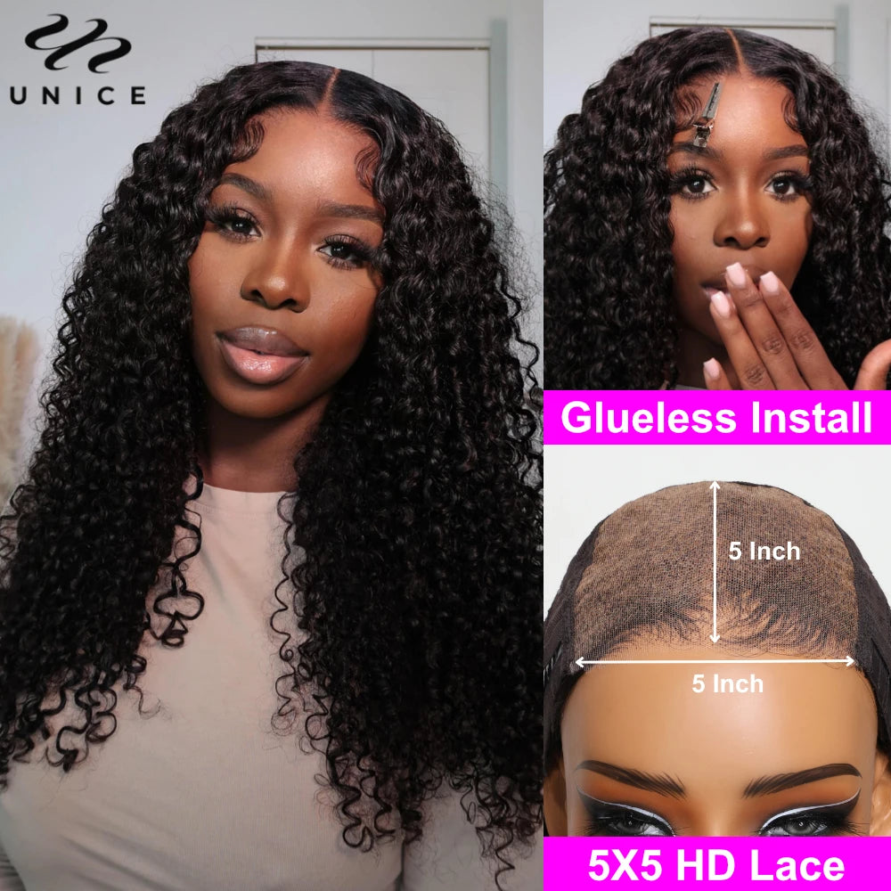 Unice Hair Jerry Curly 5x5 HD Lace Closure Wig Pre Cut Pre Bleached Pre Plucked HD Lace Glueless Wig Human Hair Ready To Wear