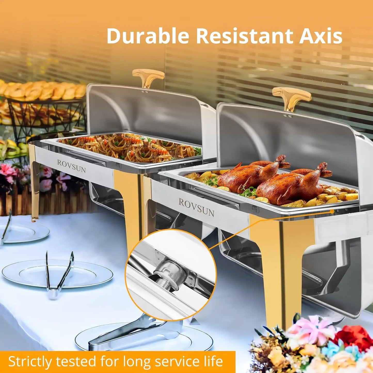 Rovsun 3 Packs Roll Top Chafing Dish Buffet Set Gold Accent,Nsf 9 Quart Rectangular Stainless Steel Chafer, Buffet Servers And