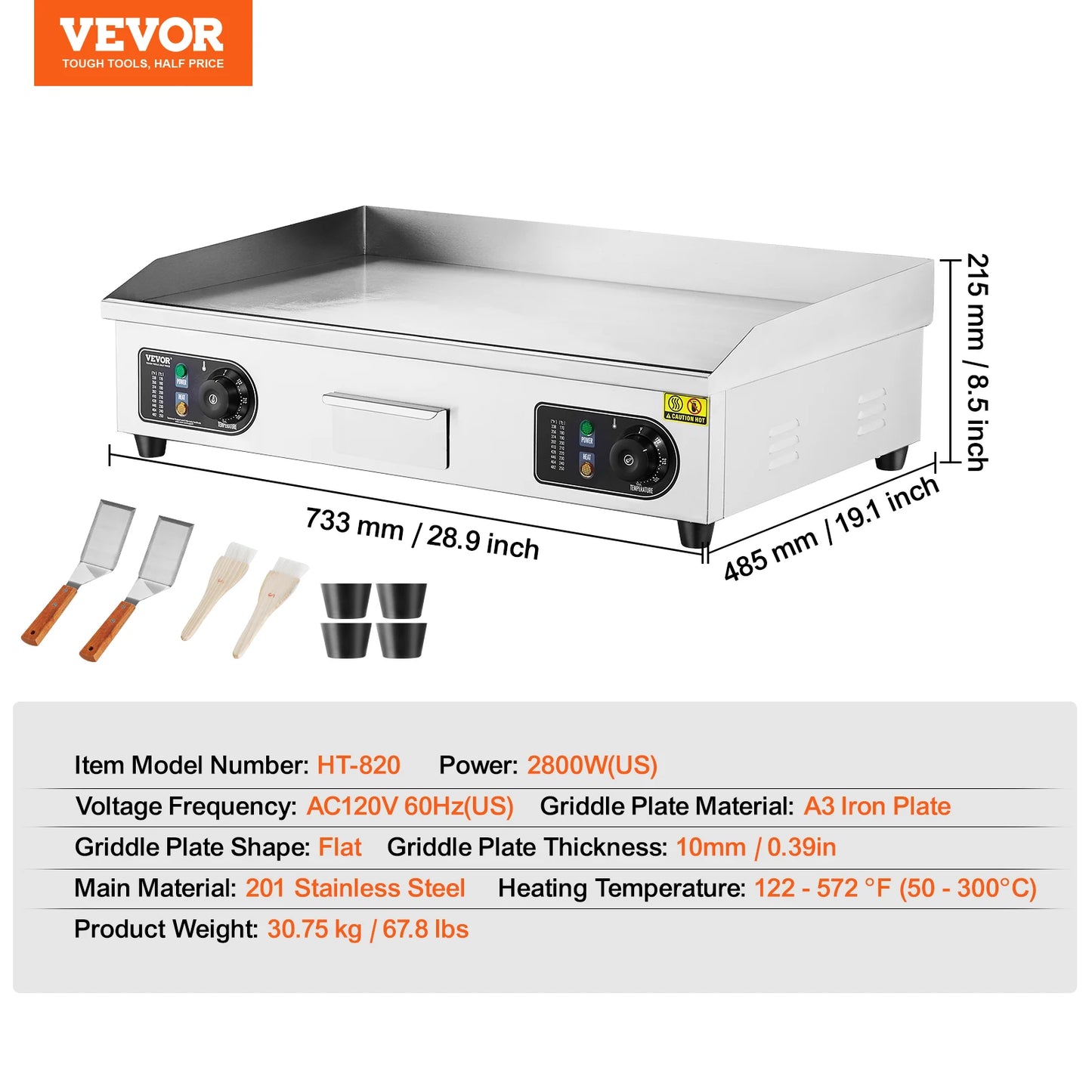 VEVOR 26/30 inch Commercial Electric Countertop Griddle Flat Top Griddle 2800W 122β-572 β Adjustable Temp for Home Restaurant