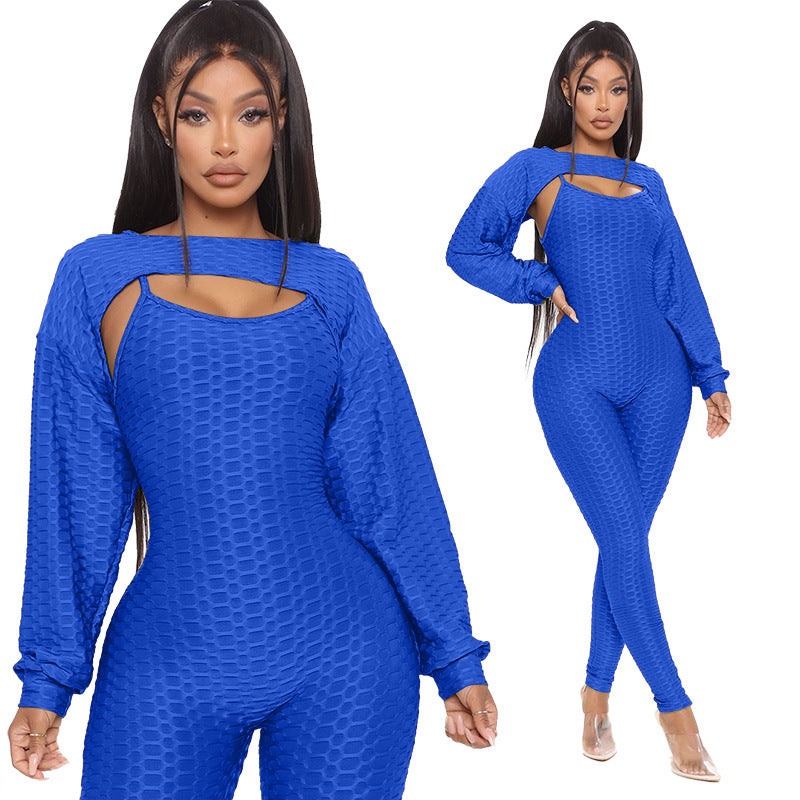 Jacquard Short Lantern Sleeve Top And Bottoming Suspenders Sports Suit