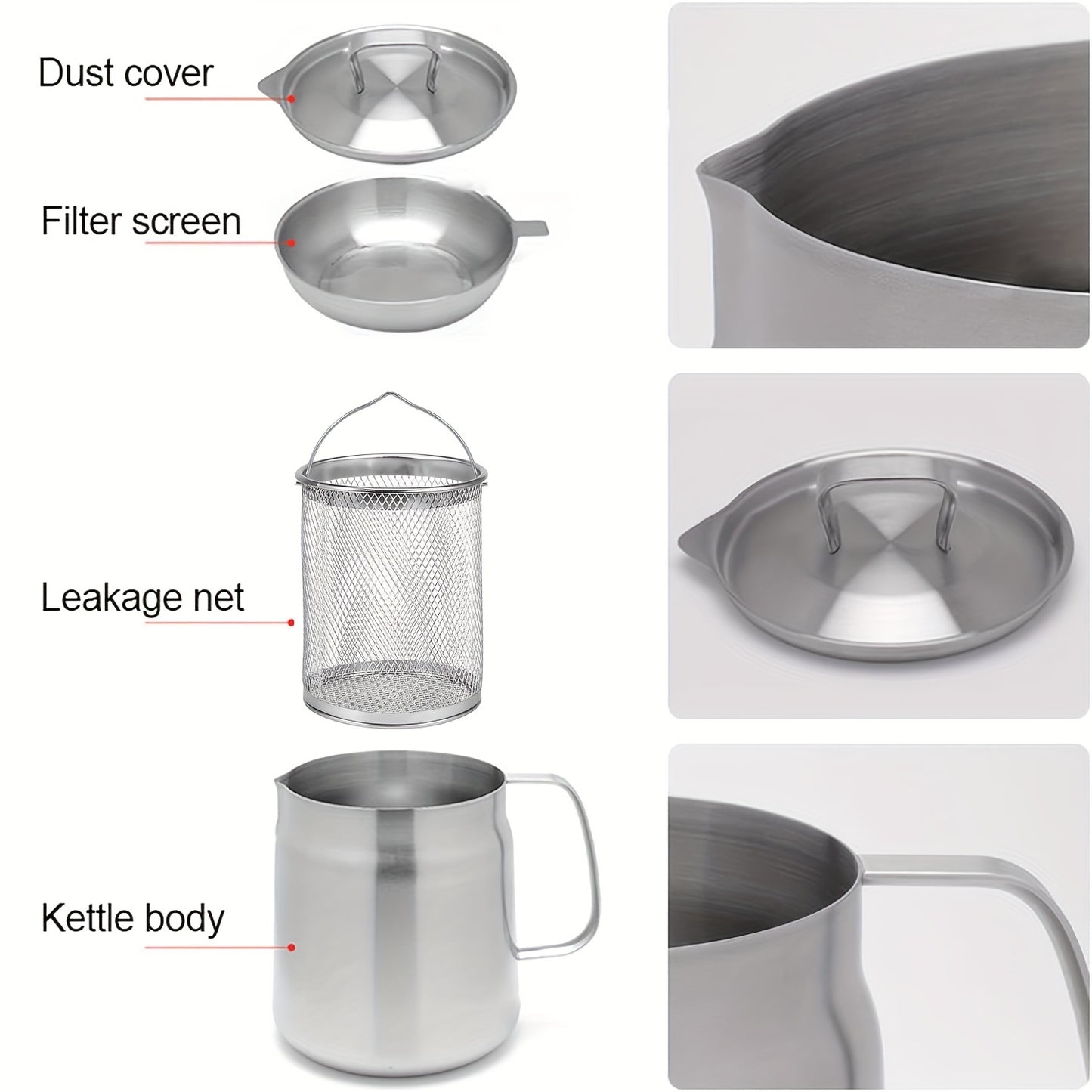 1pc, 304 Stainless Steel Oil Filter Pot with Mesh Strainer, Large Capacity, Leak-Proof, Dust Cover for Frying and Filtering