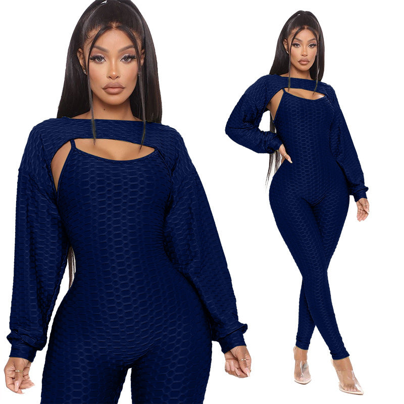 Jacquard Short Lantern Sleeve Top And Bottoming Suspenders Sports Suit