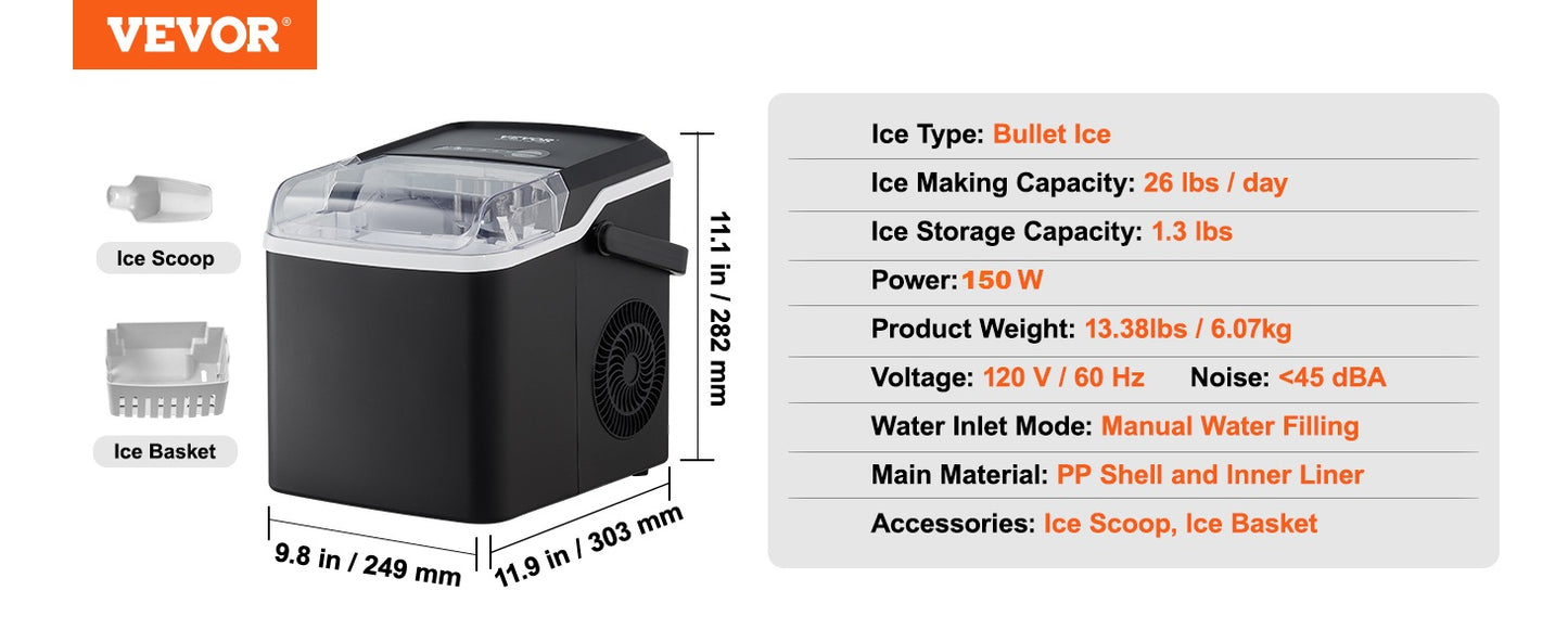 VEVOR Countertop Ice Maker, Self-Cleaning Portable Ice Maker with Ice Scoop and Basket, Ice Machine with 2 Sizes Bullet Ice