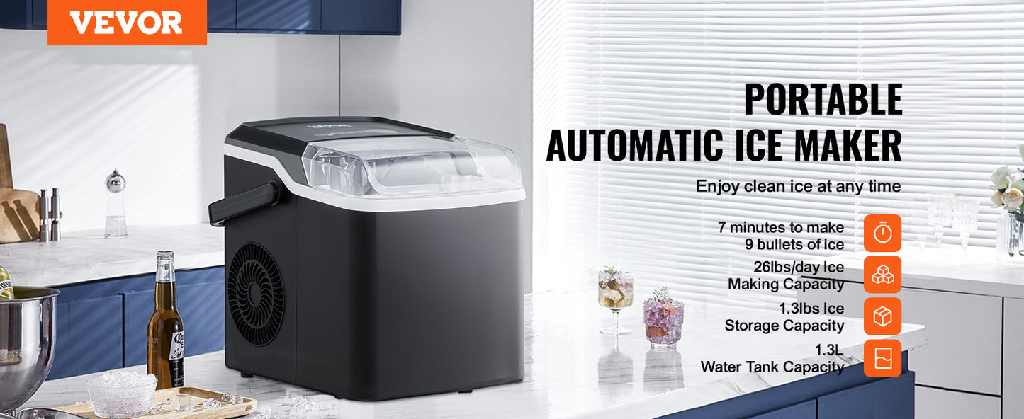 VEVOR Countertop Ice Maker, Self-Cleaning Portable Ice Maker with Ice Scoop and Basket, Ice Machine with 2 Sizes Bullet Ice