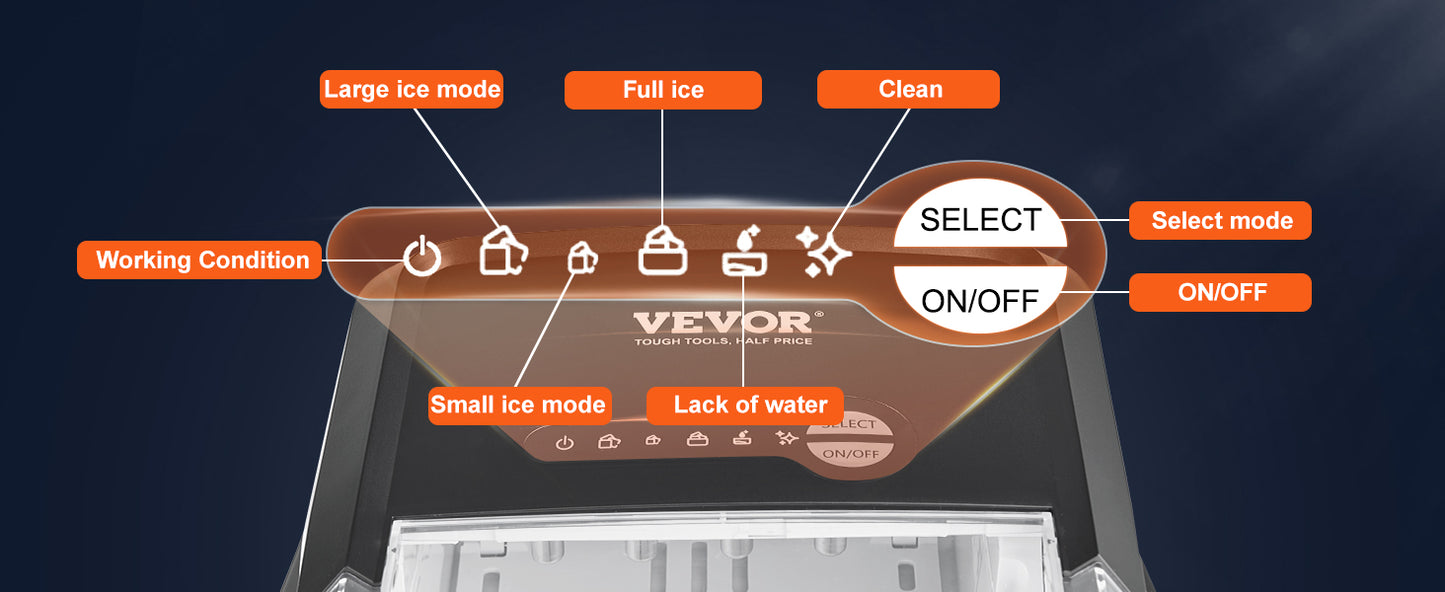 VEVOR Countertop Ice Maker, Self-Cleaning Portable Ice Maker with Ice Scoop and Basket, Ice Machine with 2 Sizes Bullet Ice