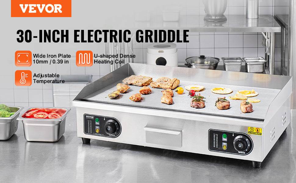 VEVOR 26/30 inch Commercial Electric Countertop Griddle Flat Top Griddle 2800W 122β-572 β Adjustable Temp for Home Restaurant