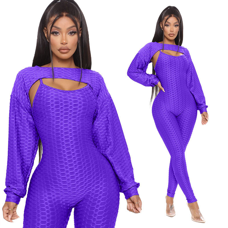 Jacquard Short Lantern Sleeve Top And Bottoming Suspenders Sports Suit