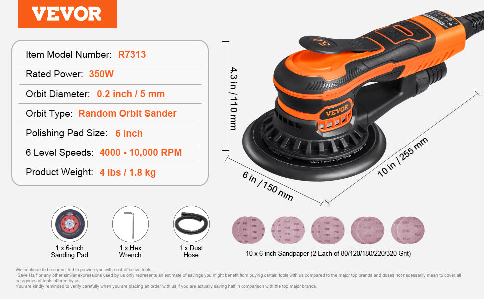 VEVOR Random Orbital Sander 350W Brushless 10000 PRM 6 Variable Speed Electric Orbital Sander for Woodworking Detailing Sanding