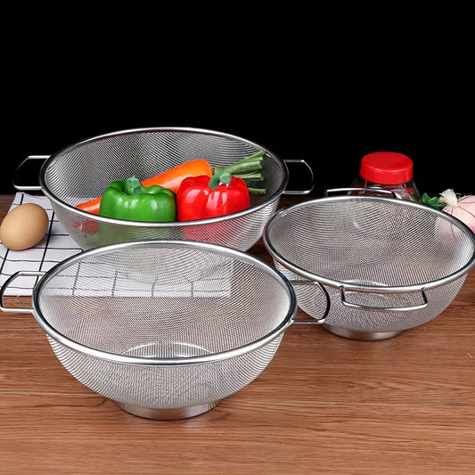 3pcs, Stainless Steel Drain Basket, Metal Colanders With Handle, Fine Mesh Colander, Colander Strainer For Kitchen Pasta, Vegetable, Rice, Fruit, Food, Kitchen Rice Washing Basin, Kitchen Accessaries Kitchen Accessories