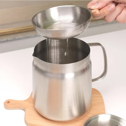 1pc, 304 Stainless Steel Oil Filter Pot with Mesh Strainer, Large Capacity, Leak-Proof, Dust Cover for Frying and Filtering