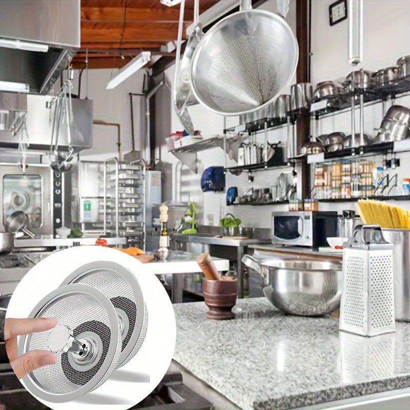 2pcs Kitchen Sink Strainer With Handle & Stopper Replacement Sink Drain Basket Stainless Steel Mesh Filter Strainers Waste Hole Trap For Hotels&restaurant Kitchen