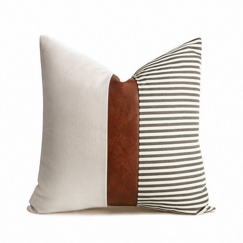PU Leather Stitching Canvas Stripe Pillowcase Sofa Car Cushion
