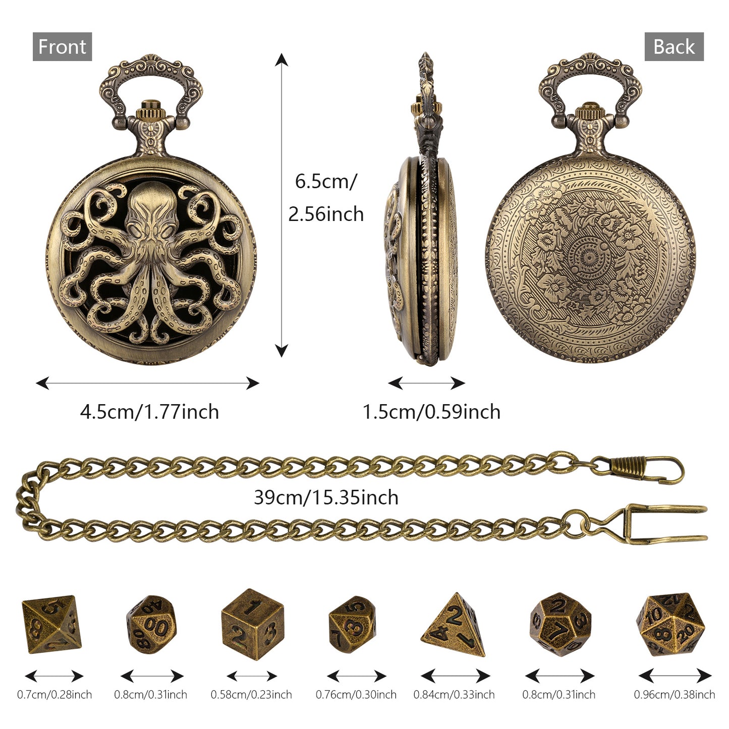 Thick Chain Octopus Symmetrical Pocket Watch Dice Set, Equipped With 7 Mini DND Dice Game Polyhedral Metal Dice, Desktop Role-playing Game Dice Accessories Gift