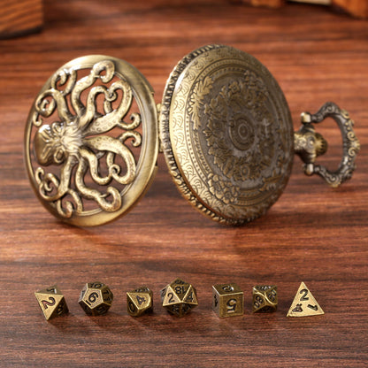 Thick Chain Octopus Symmetrical Pocket Watch Dice Set, Equipped With 7 Mini DND Dice Game Polyhedral Metal Dice, Desktop Role-playing Game Dice Accessories Gift