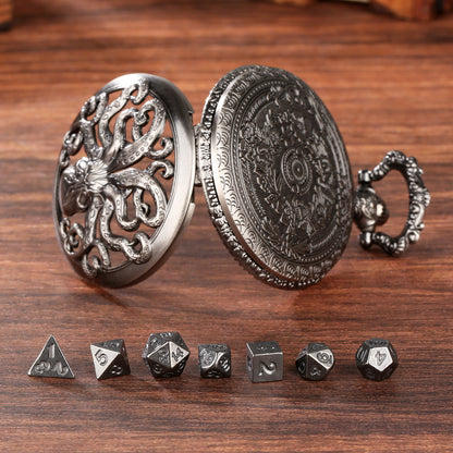 Thick Chain Octopus Symmetrical Pocket Watch Dice Set, Equipped With 7 Mini DND Dice Game Polyhedral Metal Dice, Desktop Role-playing Game Dice Accessories Gift