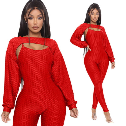 Jacquard Short Lantern Sleeve Top And Bottoming Suspenders Sports Suit