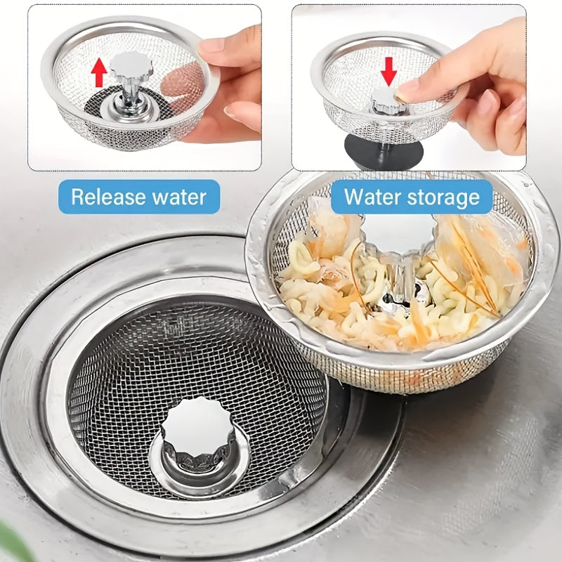 2pcs Kitchen Sink Strainer With Handle & Stopper Replacement Sink Drain Basket Stainless Steel Mesh Filter Strainers Waste Hole Trap For Hotels&restaurant Kitchen