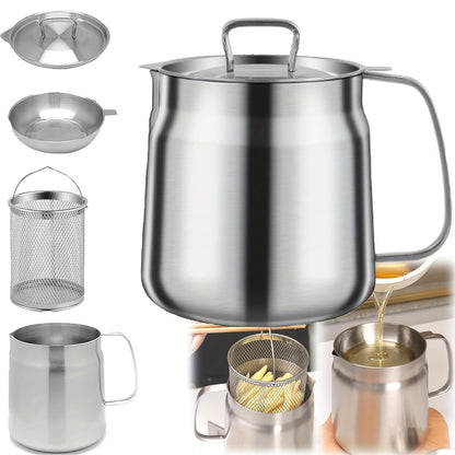 1pc, 304 Stainless Steel Oil Filter Pot with Mesh Strainer, Large Capacity, Leak-Proof, Dust Cover for Frying and Filtering