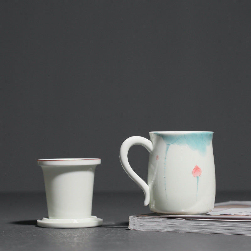 Hand Painted Lotus Cup Ceramic Belt Strainer Tea Brewing Cup