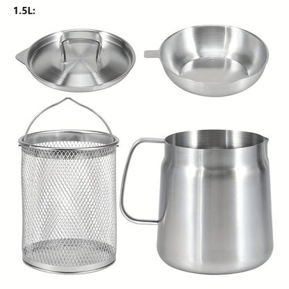 1pc, 304 Stainless Steel Oil Filter Pot with Mesh Strainer, Large Capacity, Leak-Proof, Dust Cover for Frying and Filtering