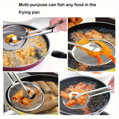 Stainless Steel Kitchen Strainer Spoon & Tongs - High-Temperature Resistant, Perfect for Frying Foods