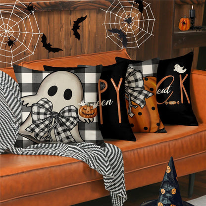 Halloween Decorations Pillow Covers 18x18 Set Of 4 Spooky Pumpkin Throw Pillow Covers Indoor Outdoor Buffalo Plaid Fall Decorative Pillow Covers Trick Or Treat Cushion Cases For Sofa Couch