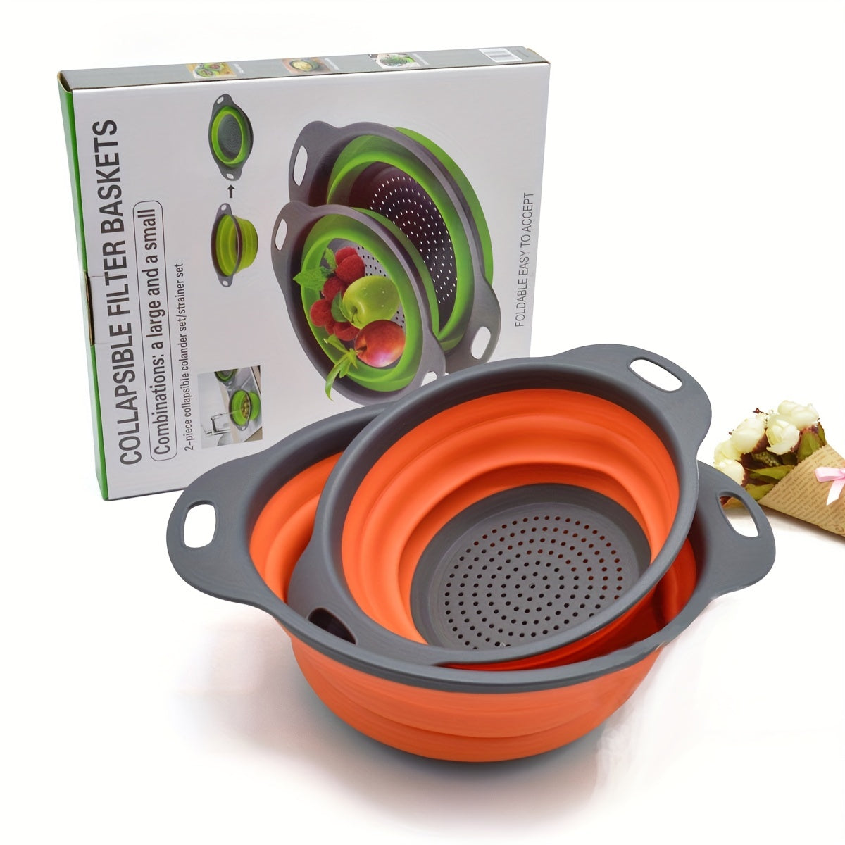 2pcs, Foldable Silicone Colander - Space-Saving Strainer for Vegetables and Fruits - Perfect for Small Kitchens, Dorms, and RVs