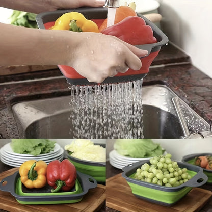 2pcs, Silicone Colander, Foldable Silicone Colander, Vegetable Washing Basket Strainer, Household Fruit Washing Basket Strainer, Kitchen Sink Folding Square Drain Basket, Fruit And Vegetable Basket, Kitchen Accessaries, Back