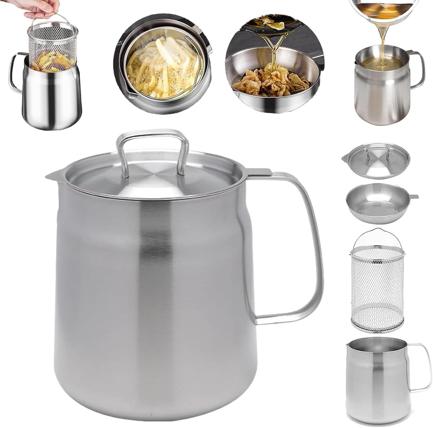 304 Stainl Steel Oil Kettle Pot Container With Fine Mesh , Leakage Net, Dust Cover Large Acity Oil Storage Can Grease Strainer