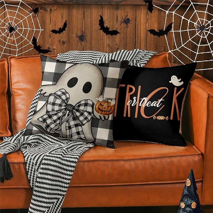 Halloween Decorations Pillow Covers 18x18 Set Of 4 Spooky Pumpkin Throw Pillow Covers Indoor Outdoor Buffalo Plaid Fall Decorative Pillow Covers Trick Or Treat Cushion Cases For Sofa Couch